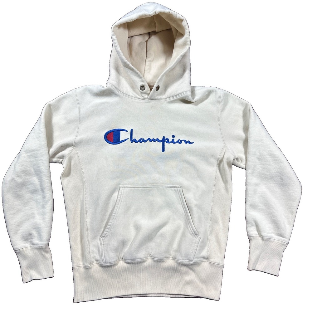Champion Reverse Weave Hoodie Medium Logo Spell Out Cream - Picture 1 of 7